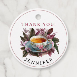 Stylish Tea Party Burgundy Floral Chai Watercolor Favour Tags