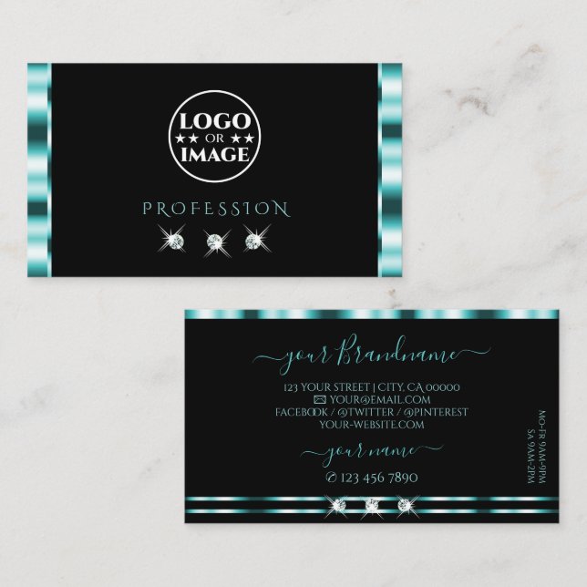 Stylish Teal and Black Sparkling Diamonds Add Logo Business Card (Front/Back)