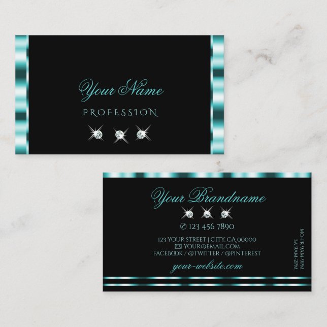 Stylish Teal and Black Sparkling Diamonds Elegant Business Card (Front/Back)