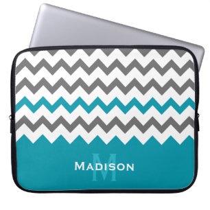 Stylish Teal and Grey Chevron Pattern Laptop Sleeve