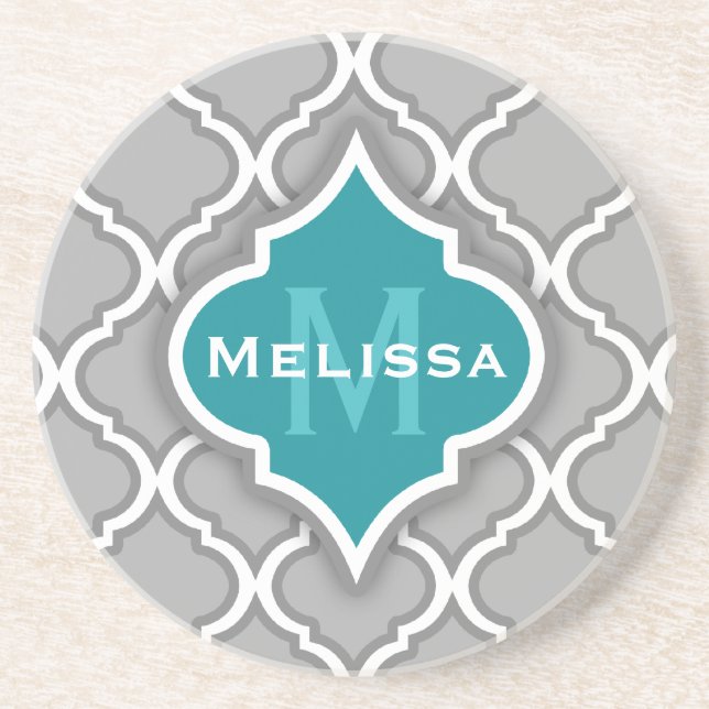 Stylish Teal and Grey Moroccan Tile Pattern Coaster (Front)