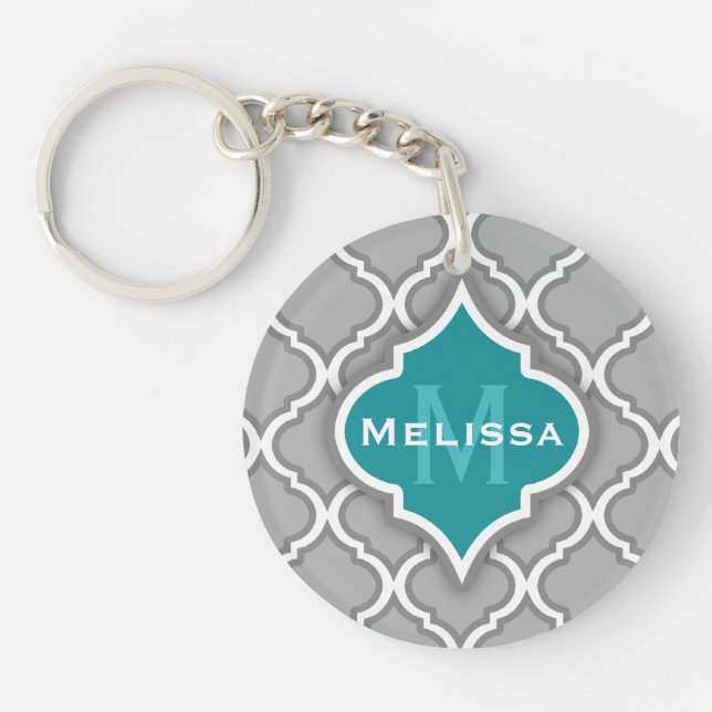 Stylish Teal and Grey Moroccan Tile Pattern Key Ring (Front)