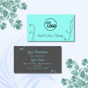 Stylish Teal and Grey Ornamental with Logo Ornate Business Card