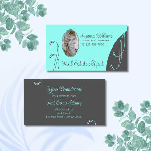 Stylish Teal and Grey Ornate with Portrait Photo Business Card