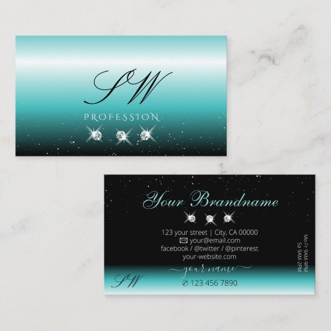 Stylish Teal Black Ombre Sparkle Diamonds Monogram Business Card (Front/Back)