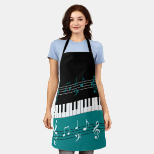 Stylish Teal Black White Piano Keys and Notes Apron