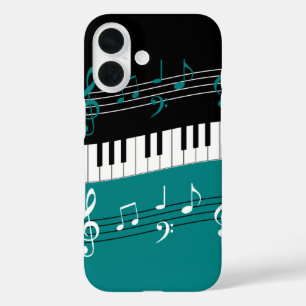 Stylish Teal Black White Piano Keys and Notes iPhone 16 Case