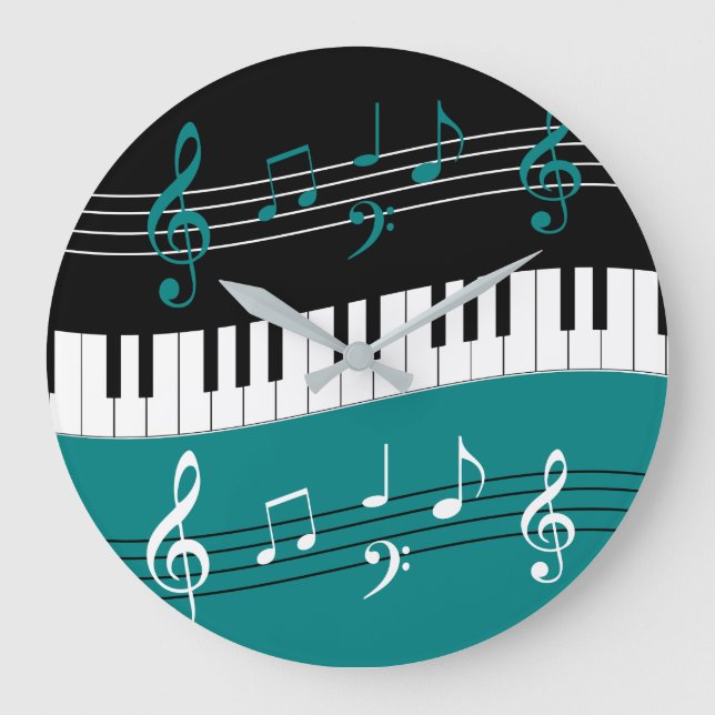 Stylish Teal Black White Piano Keys and Notes Large Clock (Front)