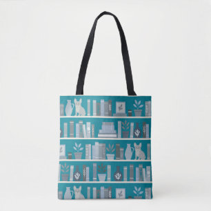 Stylish Teal Blue Folk Art Books & Frenchie lovers Tote Bag