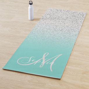 Stylish teal blue ombre personalised monogrammed yoga mat