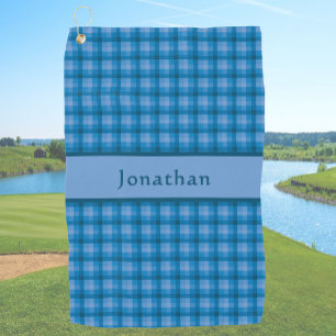 Stylish Teal Blue Plaid Personalised Name Golf Towel