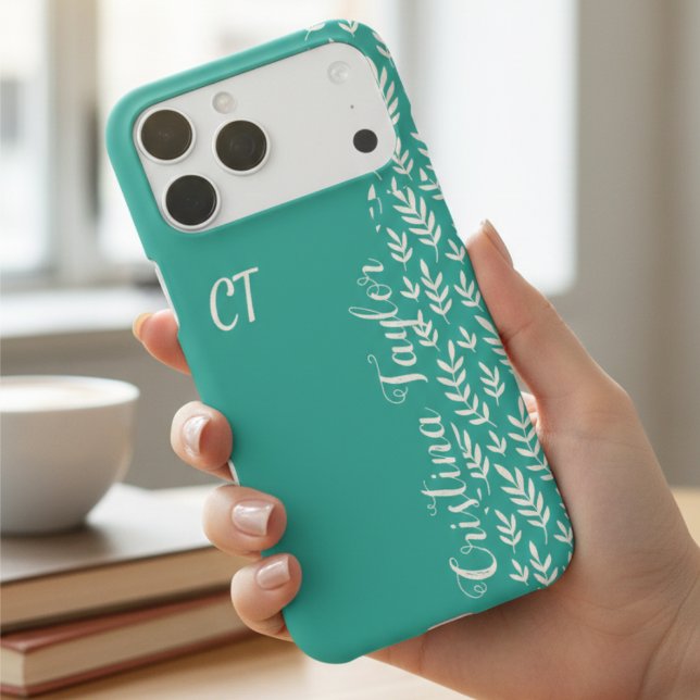 Stylish Teal & Blush Pink Leaf Pattern Custom Name (Creator Uploaded)