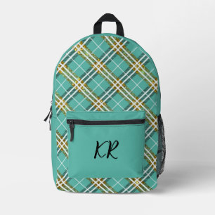 Stylish Teal Chequered Gold Glitter Border Initial Printed Backpack