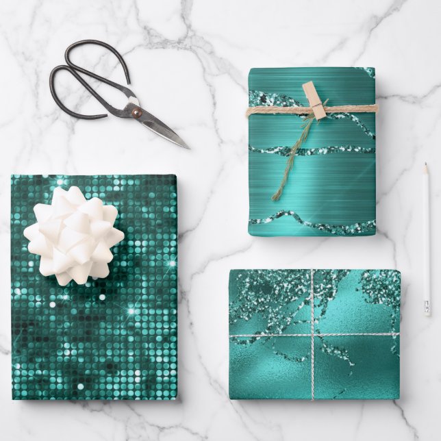 Stylish Teal Glitter and Marble Effect Patterns Wrapping Paper Sheet (Front)