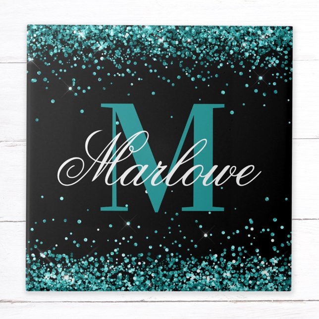 Stylish Teal Glitter Black White Monogram Ceramic Tile (Creator Uploaded)