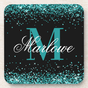 Stylish Teal Glitter Black White Monogram Coaster