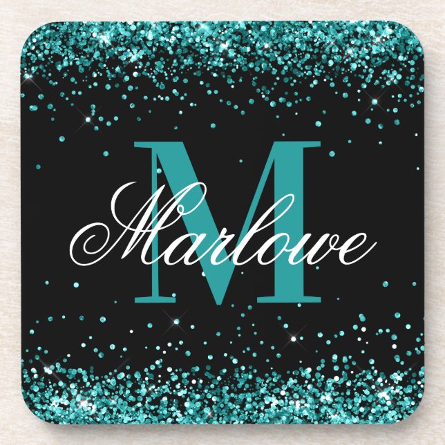 Stylish Teal Glitter Black White Monogram Coaster (Front)