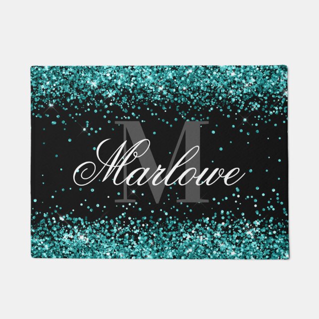Stylish Teal Glitter Blue Green Monogram Doormat (Front)
