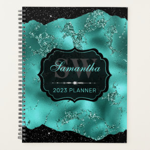 Stylish Teal Glitter Marble & Black Edges Monogram Planner