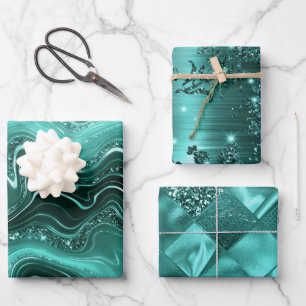 Stylish Teal Glitter Marble, diamonds and floral Wrapping Paper Sheet