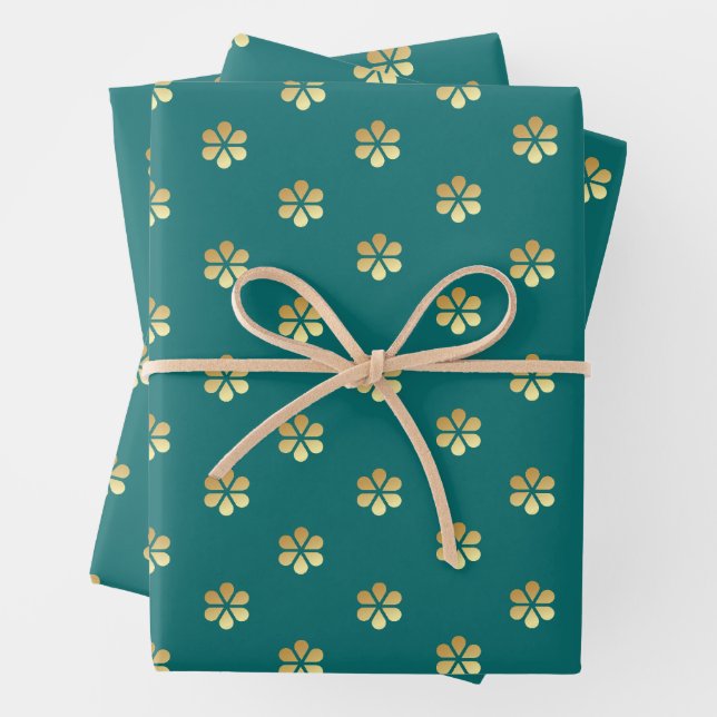 Stylish Teal & Gold Daisy Honeycomb  Wrapping Paper Sheet (In situ)