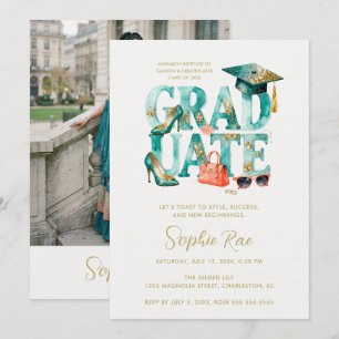 Stylish Teal Gold Glitter Watercolor Graduate Invitation