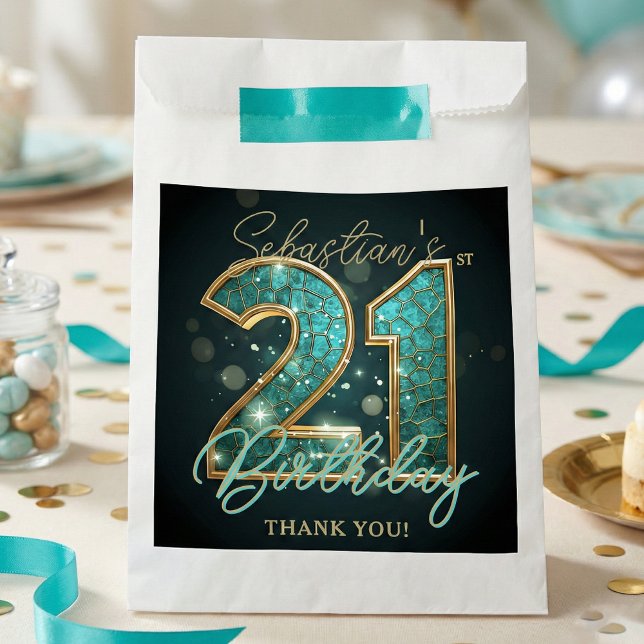Stylish Teal Gold Mosaic Geometric 21st Birthday Favour Bag (Creator Uploaded)