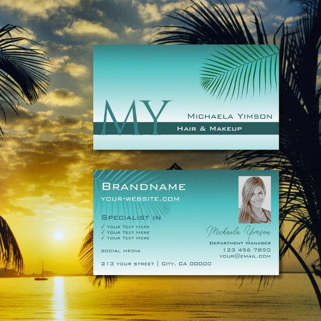 Stylish Teal Gradient Palm Leaf Monogram and Photo Business Card (Creator Uploaded)