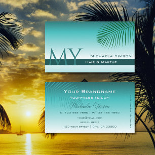 Stylish Teal Gradient Palm Leaf Monogram Simply Business Card
