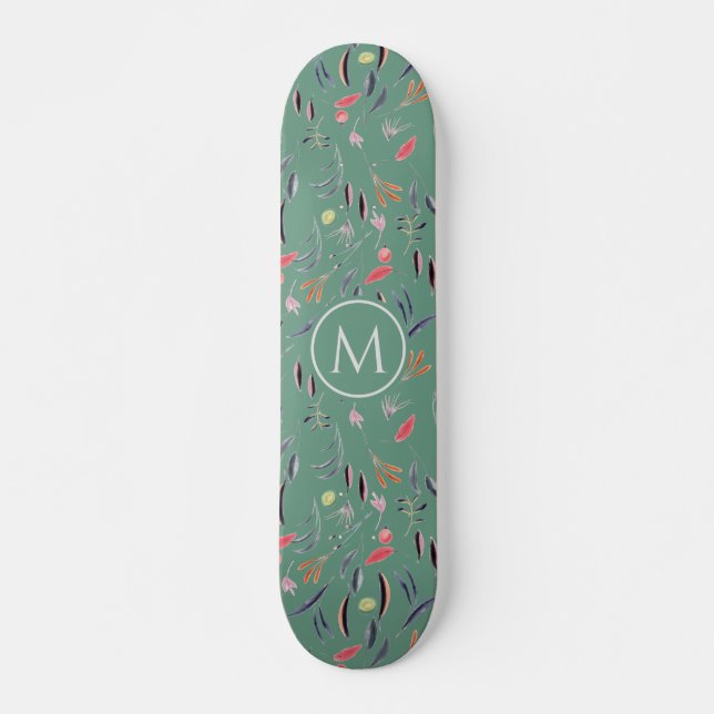 Stylish Teal Green Floral Watercolor MONOGRAM Skateboard (Front)