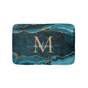 Stylish Teal Green Gold Agate Geode Chic Monogram Bath Mat