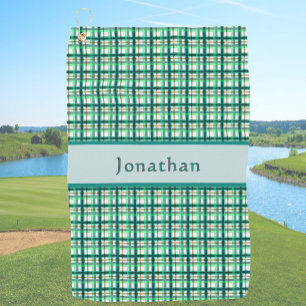 Stylish Teal Green Plaid Personalised Name  Golf Towel