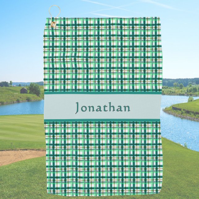 Stylish Teal Green Plaid Personalised Name  Golf Towel (Creator Uploaded)