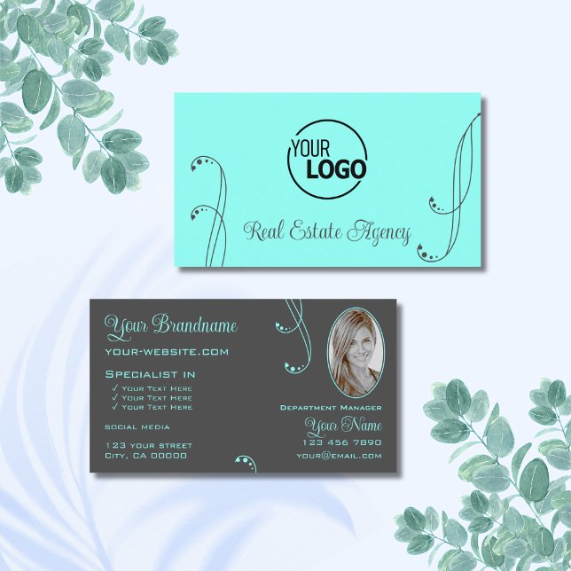 Stylish Teal Grey Chic Ornate with Logo and Photo Business Card (Creator Uploaded)