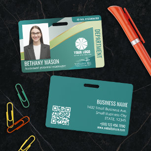 Stylish Teal Lime Faux Gold Wave Photo 2 Logos ID Badge