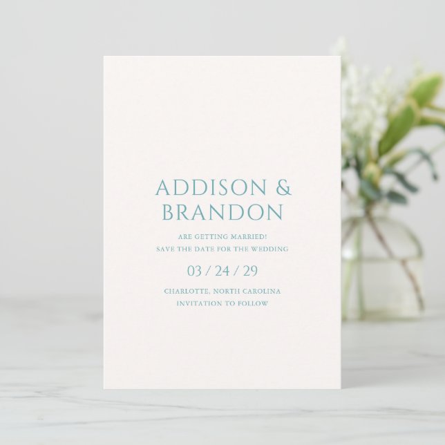 Stylish Teal Modern Wedding Save The Date (Standing Front)