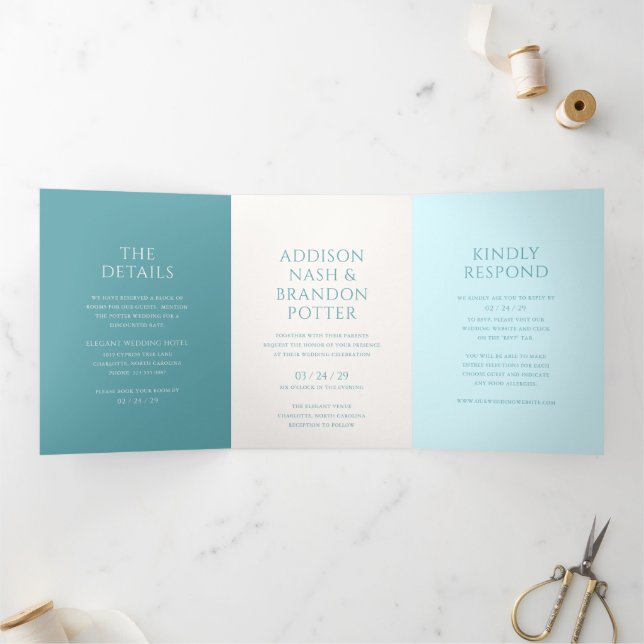 Stylish Teal Modern Wedding Tri-Fold Invitation (Inside)