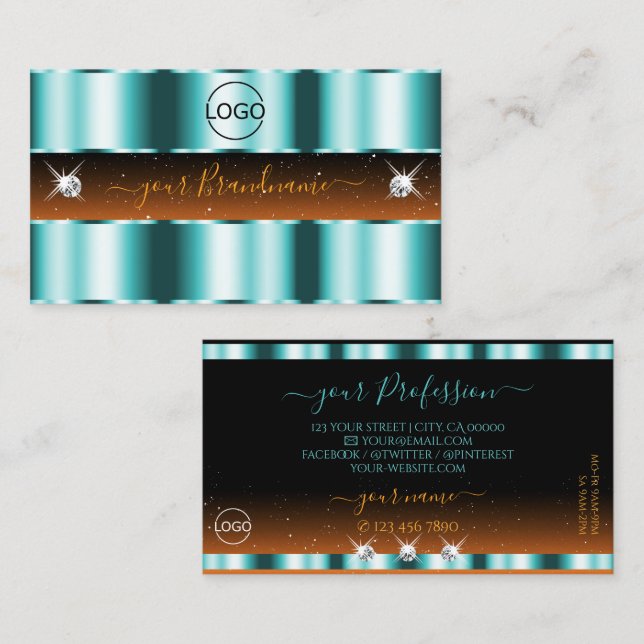 Stylish Teal Orange Black Sparkle Jewels with Logo Business Card (Front/Back)