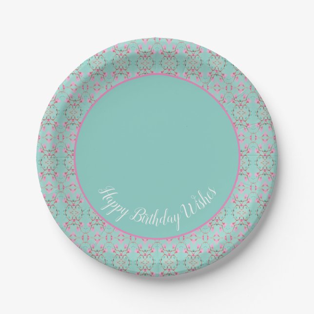 Stylish Teal Pink and White Happy Birthday Plates (Front)