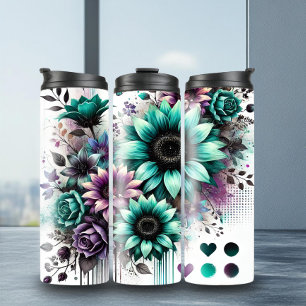 Stylish Teal Purple Sunflowers Thermal Tumbler