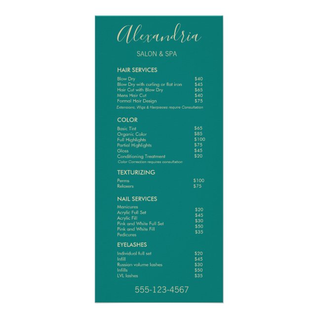 Stylish Teal Salon Service Spa Menu (Front)