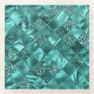 Stylish Teal Shimmer Glitter and Foil Diamonds Glass Coaster