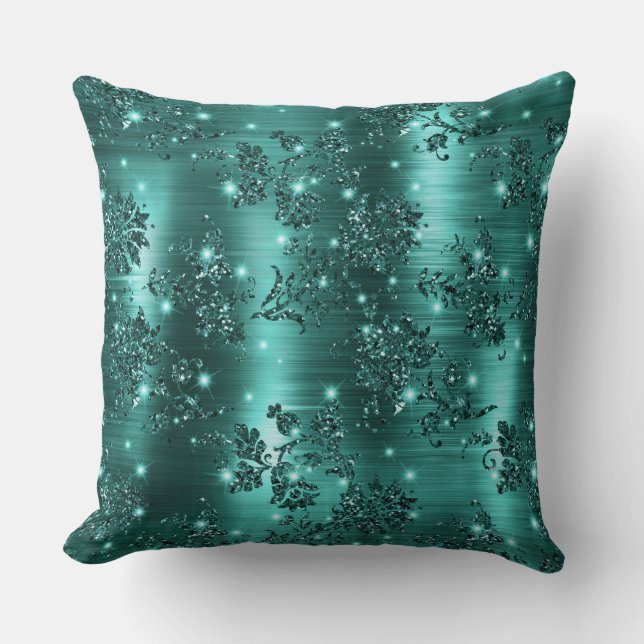Stylish Teal Shimmer Glitter and Foil Floral Cushion (Front)