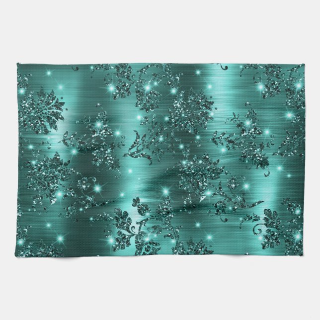 Stylish Teal Shimmer Glitter and Foil Floral Tea Towel (Horizontal)