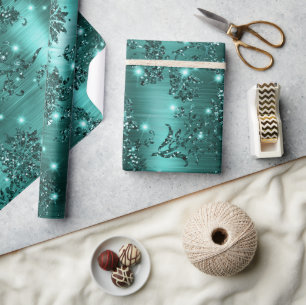 Stylish Teal Shimmer Glitter and Foil Floral Wrapping Paper
