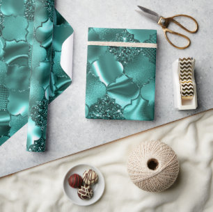 Stylish Teal Shimmer Glitter and Foil Quatrefoil Wrapping Paper