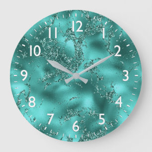 Stylish Teal Shimmer Glitter & Foil Marble effect Large Clock