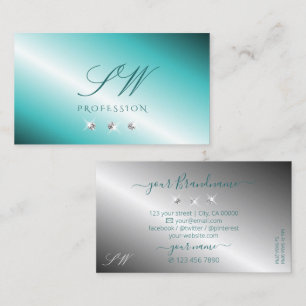 Stylish Teal Silver Sparkling Diamonds Initials Business Card