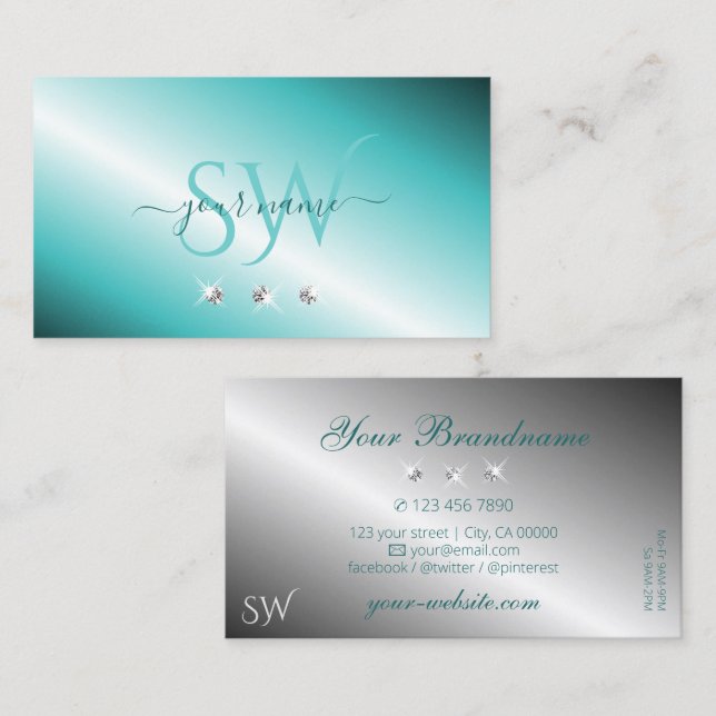 Stylish Teal Silver Sparkling Diamonds Monogram Business Card (Front/Back)
