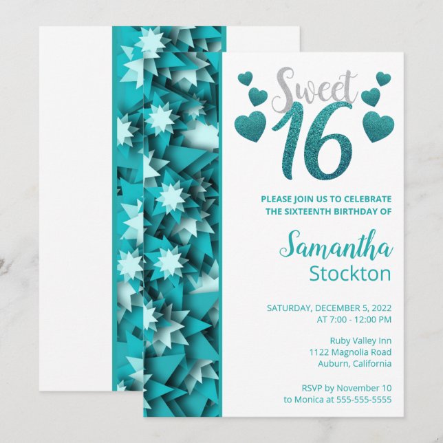 Stylish Teal Sweet 16 Invitation (Front/Back)